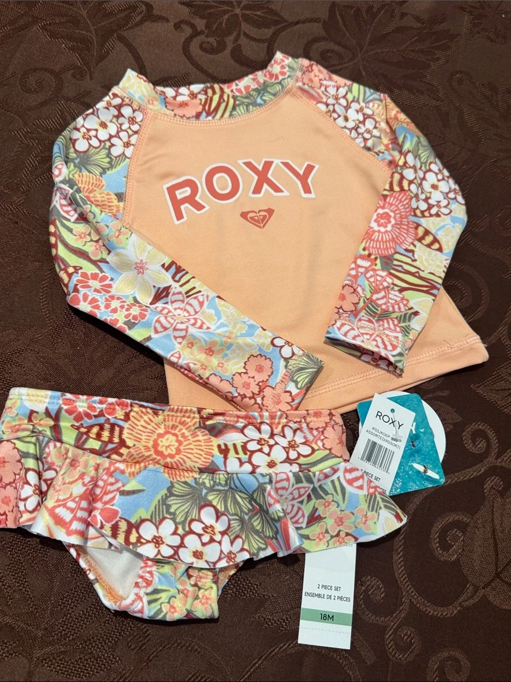 Roxy Girls' Peach Floral Long-Sleeve Rashguard Set